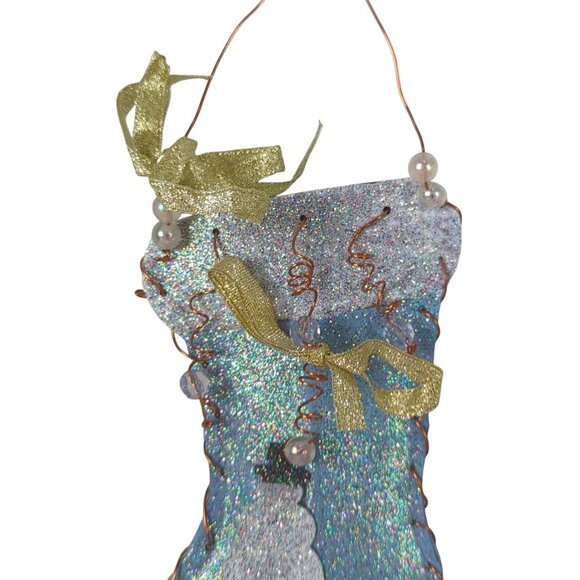 Handmade Blue White 2 Glitter Ornaments Christmas Stocking Metal 5.5" Snowman - Picture 4 of 9